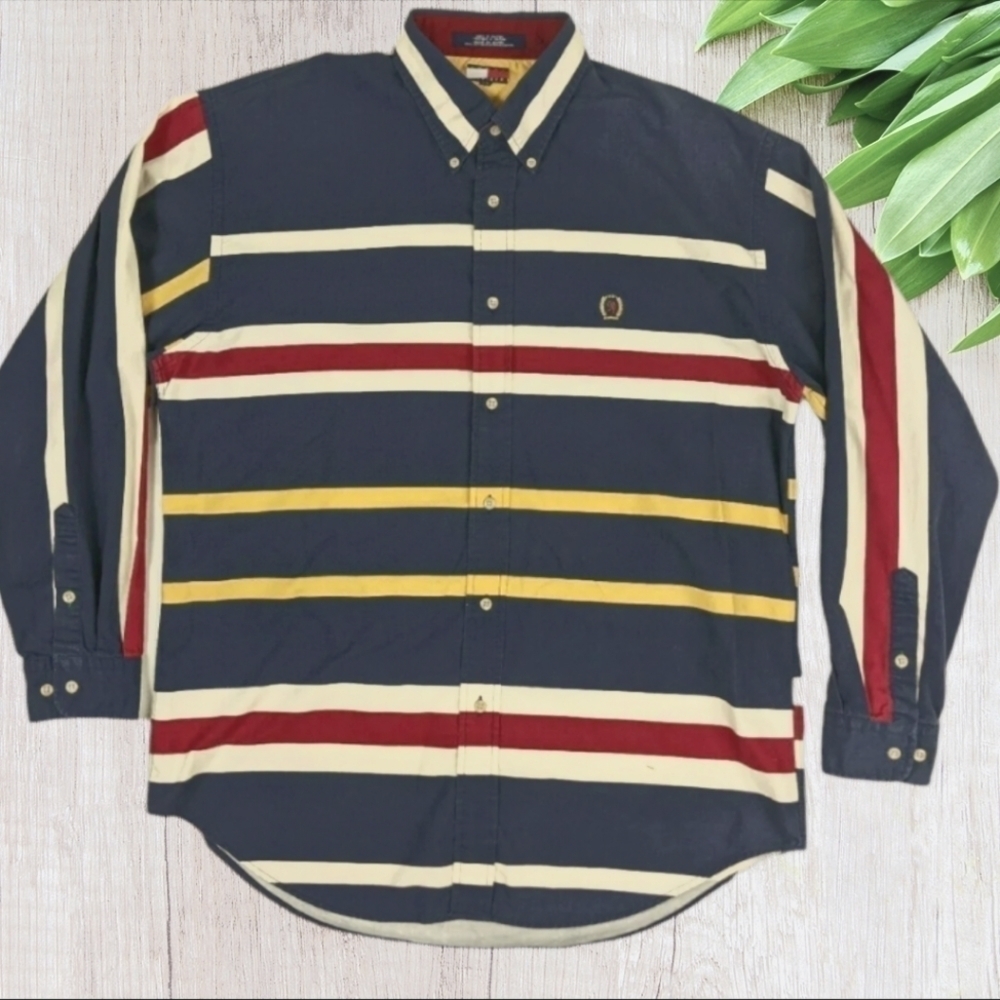 TOMMY HILFIGER Vintage Mens Large R/W/B/Y Striped Button-down Long Sleeve Shirt